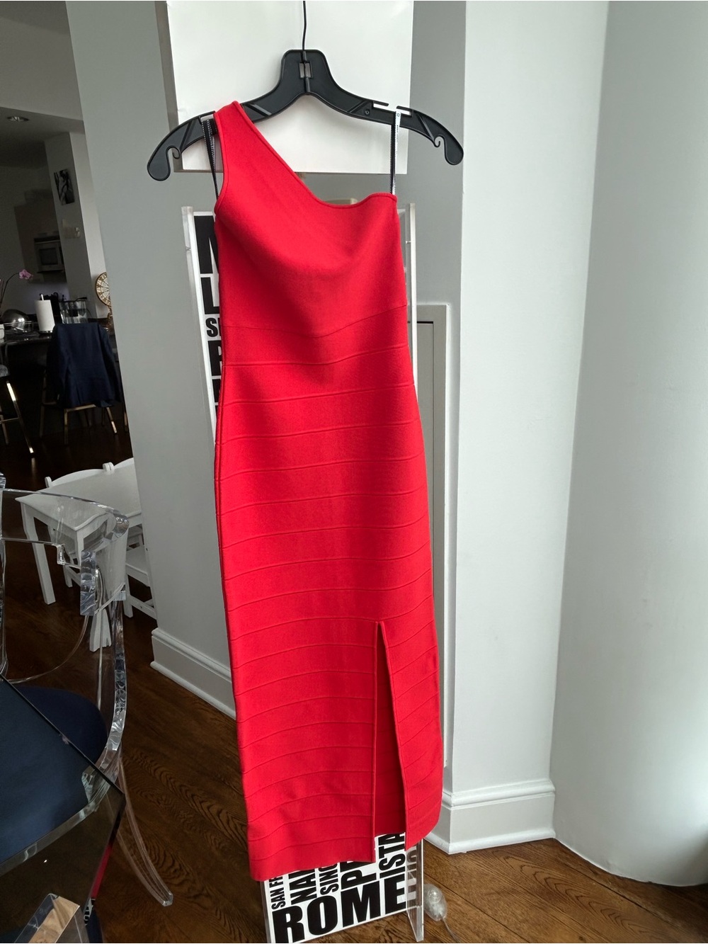 Herve Leger One-Shoulder Red Bandage Maxi dress with Front Slit